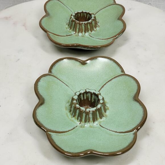 VTG Frankoma Dogwood Blossom Candlestick Holders 5" Green‎ Tapered Candle 300 - Picture 6 of 16